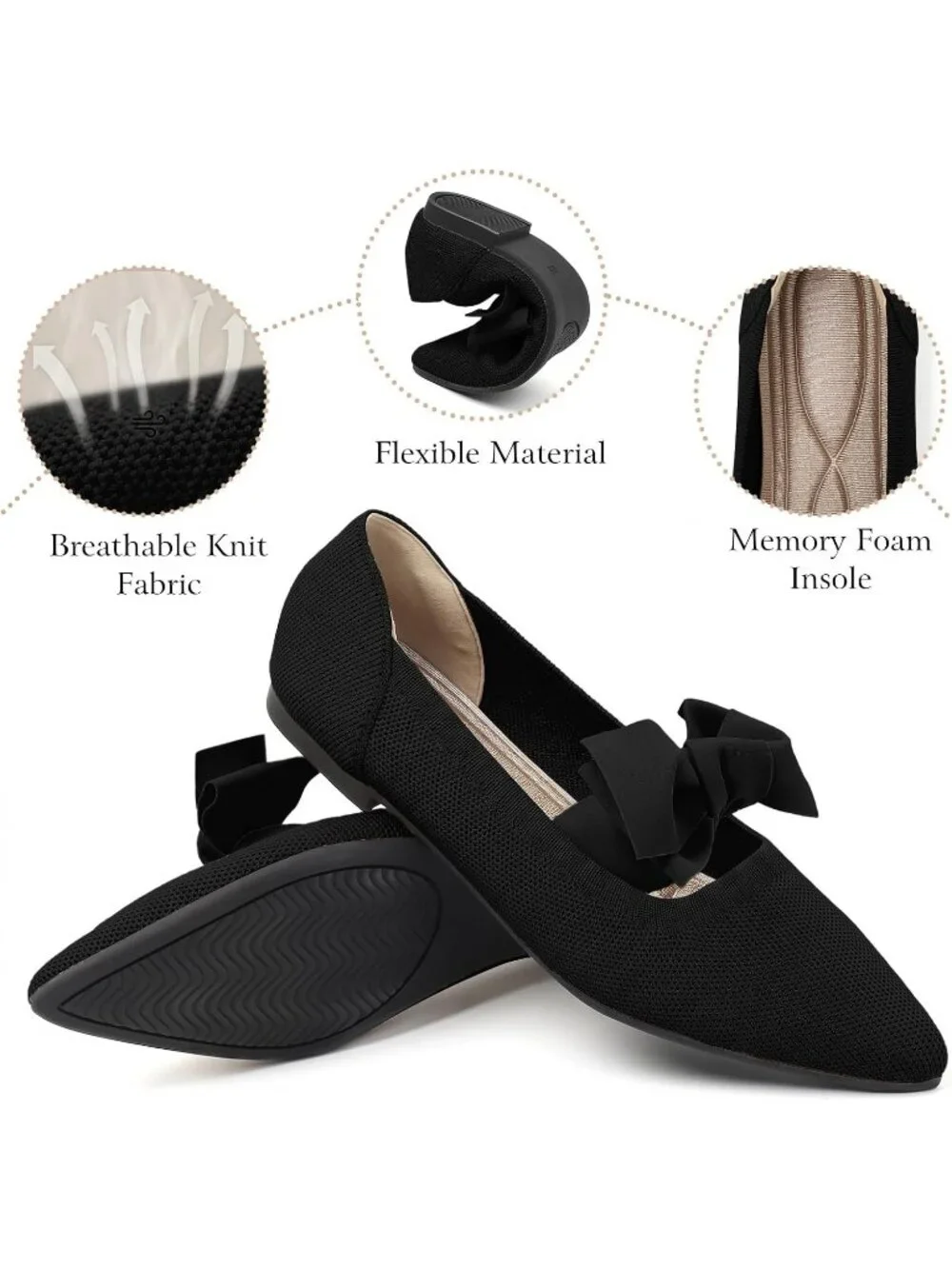 Women's Dark Black Mary Jane Shoes Pointed Toe Ballet Flats Dressy Comfortable